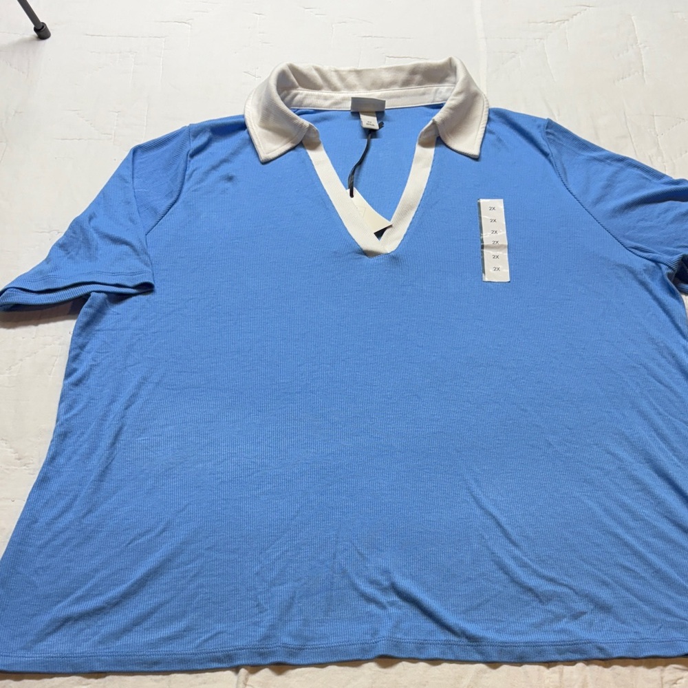 Ava & Viv Plus Size 2X Blue Polo White Contrast Collar V-Neck Shirt NWT